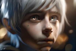 Detailed close-up photo-realistic portrait of a cute elf boy, cropped image showing left side of face, staring towards left of camera, cascading locks of long thick silver hair, luminous eyes, flawless skin, freckled cheeks, innocent look, look of wonder, long eyelashes, contrasting lighting, bokeh in background,