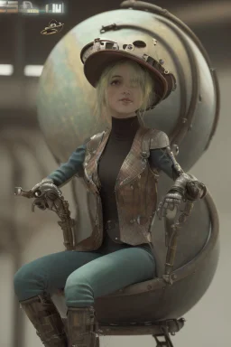 1910 steampunk color girl seat on sphere machanic sputnik