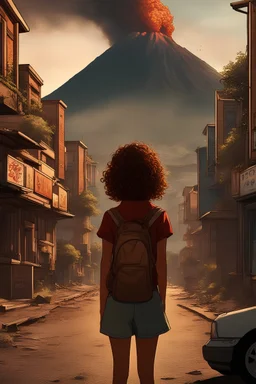 a girl with curly brown hair and freckles staring at the camera from the streets of a small city while a volcano erupts behind her