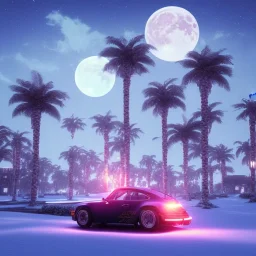 1980's aesthetic vaporwave palm trees with lighting with moon with porsche in the winter snow