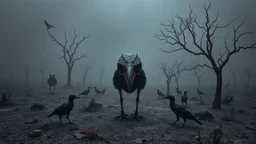 close in center weird crepy bird creature around different small dark crepy birds and far away surreal thriller vibe trees in alternative surreal barren, dry, gloomy world, nightmare in abyss, deep vortex, black, gray, purple, brown, silver, dark red colors, surreal, weird dark fantasy, deep dark colors, sharp lines, crepy stunning, high detalied, weird, fog, shadows, realistic, surreal, highly detailed, melancholic thriller mood