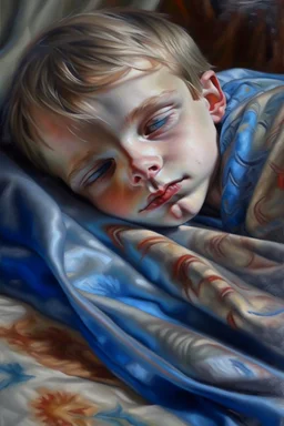 oil painting portrait of metallic sleeping slightly cute smirking innocent blue eyed vampire on a towel, bokeh , high detail, smooth render, prize winning, down light, depth of field, aura, in wind