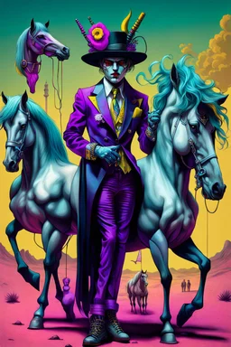 full figure hi tech colombian cyber punk mafia on Ceres with some joker wild horses in the style of Dali