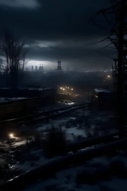 Frozen and dark wood, scary, heavy Industry in the distance, uhd, ambient lighting