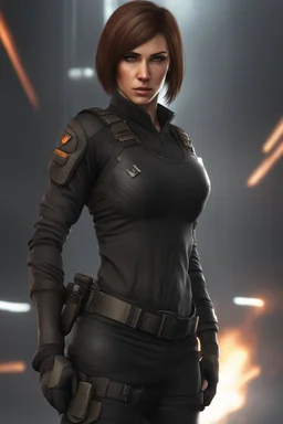 12k wallpaper of Arina- 34 years old woman, mercenery, fierce and stunning, Bobcut brown hair, athletic, wearing black tactical clothes in sci-fi world - HDR quality - trending in artstation, ultra realistic, highly detailed neck, highly detailed face