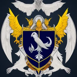 Fantasy setting, coat of arms with a kestrel holding a black anchor in its talons. The kestrel is encircled by a navy blue ring and a yellow half circle shape above it.