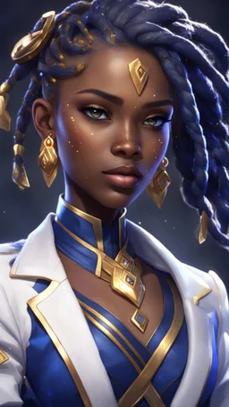 sci-fi, arcane animation series style, league of legends, Solo, 1girl, attractive female with freckles, african, dark skin, golden eyes, dark hair, braided dreadlocks, earrings, makeup, (detailed skin texture), white and indigo-blue suit