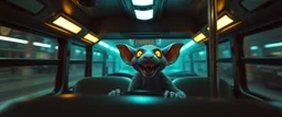 bus driving happy 2d neon fluffy rat elf vampire scumbag in the style of Escher and Giger and Fallout 4, pinhole cam, airbrush 3d rendering, on tv screen:A five-second cinematic single take in a clean industrial presentation hall.