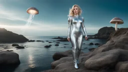 full body shot of a middle-aged, blond-haired woman in a silver cat-suit, standing on a rock on the shores of an alien world, with mushrooms with jellyfish tentacles floating in the air