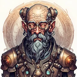 a fantasy artificer cyborg old man, with a beard of tubes, and armour hiding emaciated flesh, in the style of art nouveau