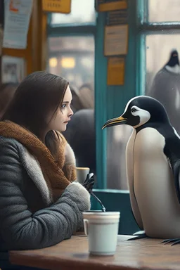 young woman talk to a penguin in coffee-shop