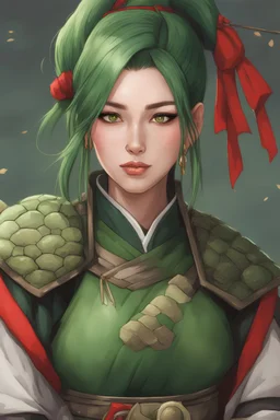 portrait of a young alluring female shinobi in alluring Japanese green ninja armor with tortoise symbols, feudal japan, D&D character, RPG, fantasy character, stylish, 8k, beautiful, green hair, pony tail, perfect lips, youthfull smile, makeup around eyes, red makeup on cheeks, detailed eyes, perfect eyelashes, big chest, hourglass body, pale white skin, seductive expression,casting spell, lcherry blossoms in background, legend of the five rings rpg, anime art style, body inclined forward