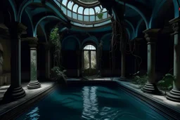 dark, old, room with a swimming pool with blue water, irregular shapes of the pool with bends, visible arcades supporting the closed ceiling, dark, brown in color, columns covered with wild climbing plants,