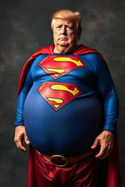 a thoroughly confused, frail, elderly and obese donald trump standing dressed as superman
