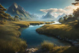 A narrow ocean with marshland on one side and mountains on the other. fantasy concept art, exquisite realism, a masterpiece, dynamic lighting, hyper detailed, intricately detailed, deep color, Unreal Engine, volumetric lighting , Epic cinematic brilliant stunning intricate meticulously detailed dramatic atmospheric maximal,