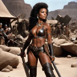 [high res photo of a movie by Ray Harryhausen] confident Tiana Rogers in a revealing leather outfit As A Wasteland Warrior, she has incredible weapons