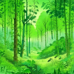 A green forest with insects designed in Chinese paper art painted by Alfred Sisley
