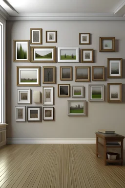 A medium-sized room with a group of frames without any pictures