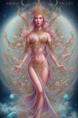 Create an image of a full body cosmic Goddess. The goddess should be depicted as a beautiful and powerful figure, surrounded by cosmic stars. Her hair should be long, blond and flowing, and she should be dressed in a flowing gown blue celestial robe. In the background, include imagery of pink flowers, blue sky,trees. The image should evoke a sense of joy, celebration, and spiritual connection to nature.