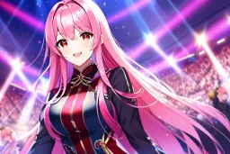 girl, masterpiece, best quality, volumetric lighting, detailed outfit, perfect eyes, long hair, pink hair, red eyes, music stage, micro phone, lens flare abuse, laughing,