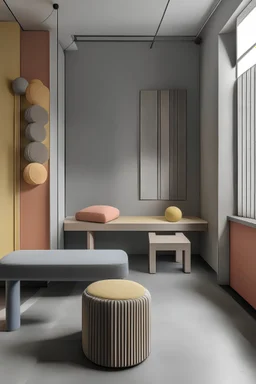 Textile furnishings design with muted colors and simple decorations inspired by the brutalist school