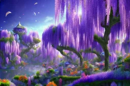 monde en fleurs, flower tree-houses, concept art, crépuscule , fuksia bleu oranger, vibrant Color, réaliste, riviere bleu, tree-house wisteria