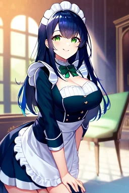 girl, masterpiece, best quality, volumetric lighting, detailed outfit, perfect eyes, dark blue hair, green eyes, long hair, maid, indoors, smile, leaning forward,