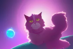 pink and purple cat in space, fluffy, solar system, planets, psychedelic