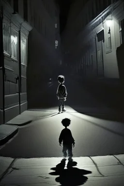 A boy playing on the street at midnight with his shadow