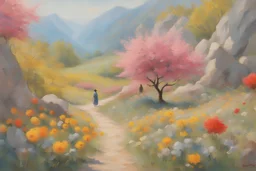 sunny day, mountains, flowers, tourism influence, rocks, spring, k-pop videoclips influence, fantasy, korean landscapes influence, anna boch, and otto pippel impressionism paintings