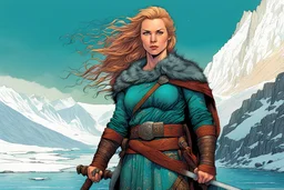 create a full body portrait of a pale female Norse tribal mercenary brandishing her sword, with highly detailed, delicate feminine facial features, inhabiting an ethereal Northern winter fjord land of pristine blue waters, in the comic book style of Jean Giraud Moebius, David Hoskins, and Enki Bilal, precisely drawn, boldly inked, with vibrant colors