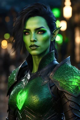 3.4 body shot, green skin,beautiful face, female gorgeous green skinnrf orc, 2 fang visible on mouth, thin, lightning crackle crested around her armor as symbols,dark hair, detailed glowing ornamental magical pattern armor, glowing gem crackling with lightning implanted on leather armor, 8k, high detail, market background, midnight, facing viewer, front facing