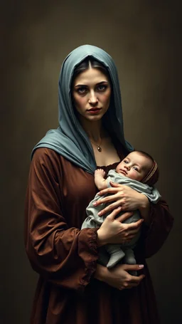 create a sad woman holding her baby woman is from the royal treasury in dark shades (brown, blue)