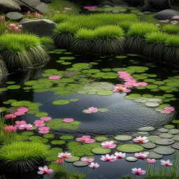 Round pond with lots of water, moss-covered stones all around and the water has a delicate pink shimmer, a few delicate pink flowers on the stones and a small waterfall