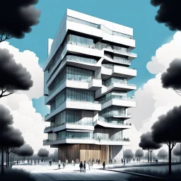 Dibujo arquitectónico de un edificio de cinco pisos, moderno, diseñado aplicando la proporción, estilo minimalista futurista, calidad ultra, gente, árboles, colores contrastantes, cielo con nubes pequeñas, maximalista