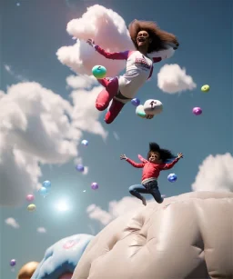 Ultra realistic speed clouds sky scene, wide angle, sweet childs falling down, inflatable color clothing, free jumping flying, many trinkets, monster hair, hair monster, many jelly beans, balls, smile, happy, circus style, extreme, wind, clouds sea, 20,000 feet altitude, stratosphere, soft color, highly detailed, unreal engine 5, ray tracing, RTX, lumen lighting, ultra detail, volumetric lighting, 3d, finely drawn, high definition, high resolution.