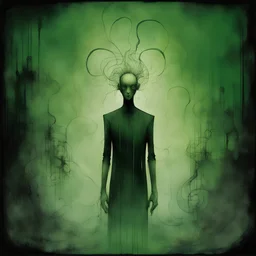 Negotiating dream frequencies, ink illustration, Green and black color scheme, unsettling, by Ben Templesmith