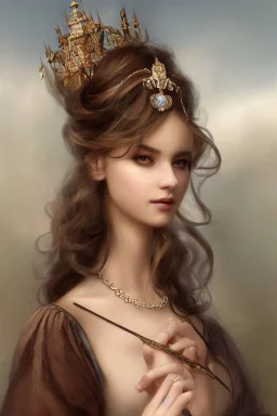 beautiful and gorgerous duchess with incredible jewellery in 19th century clothing by Greg Rutkowski and Artgerm and Emile Vernon and Vladimir Volegov, in a brown dress, mystical castle background, art illustration, natural beauty, muted colors, pastels, perfect fingers, higly detailed, expressive, high detail, symmetrical, digital painting, symmetrical eyes, dynamic lighting, artstation, cinematic lighting, intricate artwork, emitting diodes, smoke, artillery, sparks, racks, system unit, mother