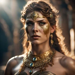 hyper realistic, ultra detailed photograph of a barbarian woman, look like Thandy Newton as spain warriors, ((Jade ocean:1.25)), golden jewelry, shiny, sunlight fractal details, (Anna Steinbauer:1.5), depth of field, HOF, hall of fame, detailed gorgeous face, apocalyptic environment, natural body posture, professional photographer, captured with professional DSLR camera, trending on Artstation, 64k, ultra detailed, ultra accurate detailed, bokeh lighting, surrealism, Thomas Kinkade background, u