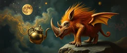 fuzz sponge tube gremlin fox demon in the astral realm with a tea kettle rhino, painted by Rembrandt