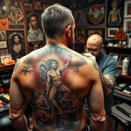 man with a full back tattoo of the Creation of Adam, background is a seedy tattoo parlor, tattoo artist who looks like Michelangelo is putting the finishing touches on the tattoo