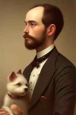 Make me a oil portrait of a very rich person that is 27 Years old from 1920 with a dog