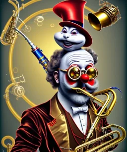 mechanoid happy old friendly fat clown with beard playing jazz with a steampunk theme, trumpet, realistic