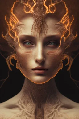 portrait photography of an ethereal beautiful animal goddess, Fire theme art, Dark moody night atmosphere, Portrait of a woman by Michelangelo, 8K, close-up face, anatomically perfect face, oak tree roots, ignore NSFW