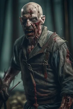 In a mesmerizing combination of brilliant and fading shades, photorealistic,a high-quality,ultra photo-realistic realism image, Bald zombie with chainsaw and blood on clothes, horror, creppy background, hyper realistic, 35mm, F1.8, intricate detail, Sharp focus, super sharp,