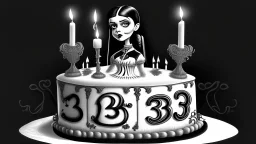 draw a birthday cake with logo number 23 and one candle 23 ,Insanely detailed Addams Family movie still with Barbie dolls