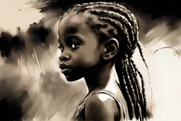 side viewdeep powerful evocative african portraits little girl smiling plaited hair abstract painting,JEREMY MANN ,charcoal pencil strokedcross hatch technique minimalist illustration