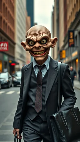 A mean man with suite carrying a business bag walking in the new York street , his head is an old scary doll , scary smile , big eyes high quality, 8k