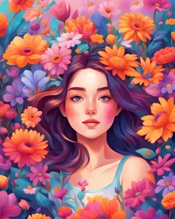 Please create an illustration of a pretty girl surrounded by vibrant flowers using vibrant colors. The artwork should showcase the beauty of nature and convey a sense of joy and positivity. The illustration style should be vibrant and lively, capturing the essence of illustration art.