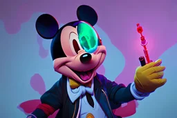 Mickey Mouse getting high with a hallucinating syringe of drugs.